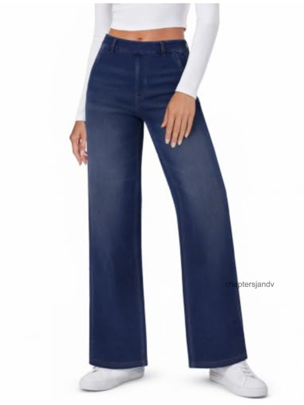 Womens Wide Leg High Waist Pull On Stretch Jeans with Pockets